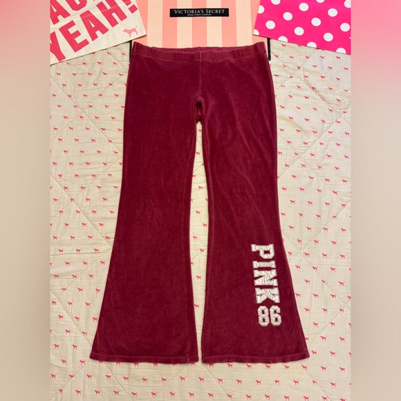 PINK Victoria's Secret Pants - VS PINK VINTAGE Y2K VELOUR TRACKSUIT FLARE PANTS RED DOG PUP 86 PATCH LOGO HTF M